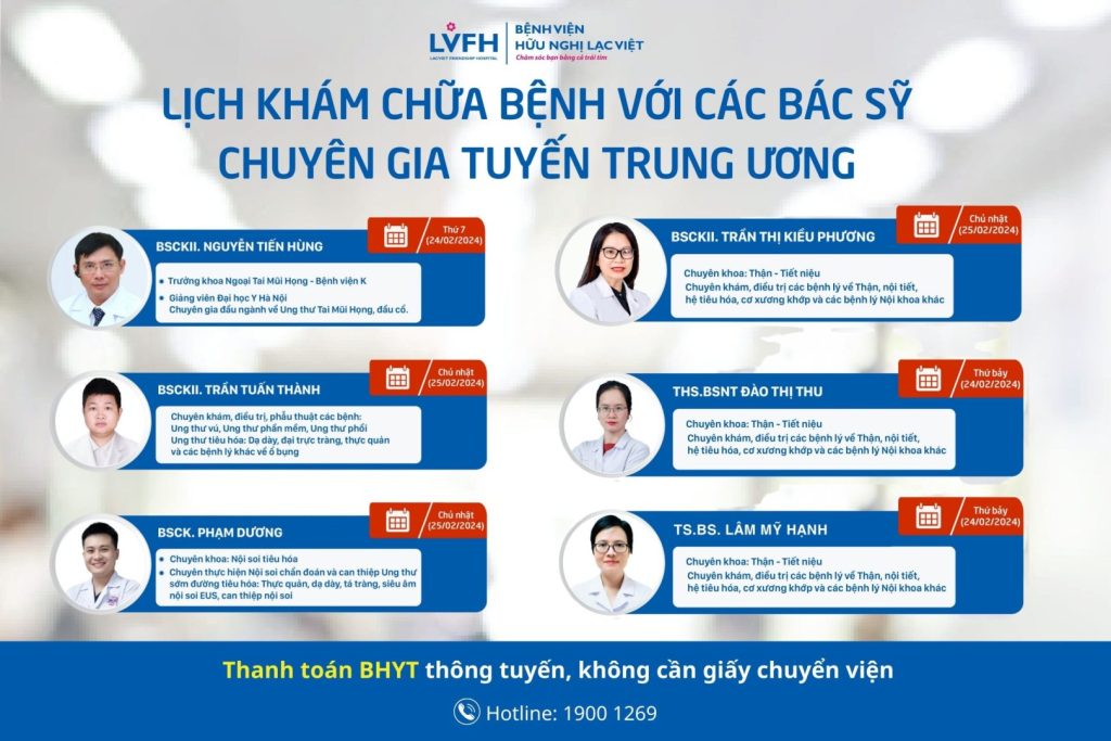 Lịch khám chữa bệnh của các bác sỹ, chuyên gia tuyến Trung ương trong tuần này tại bệnh viện Lạc Việt
