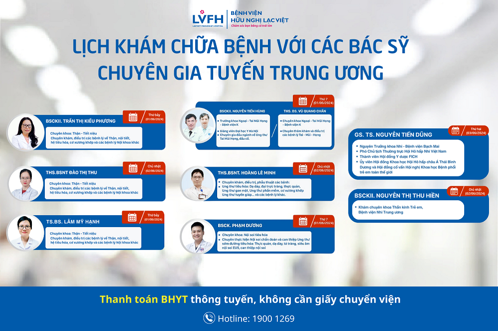 Lịch khám chữa bệnh của các bác sỹ chuyên gia tuyến trung ương trong tuần này