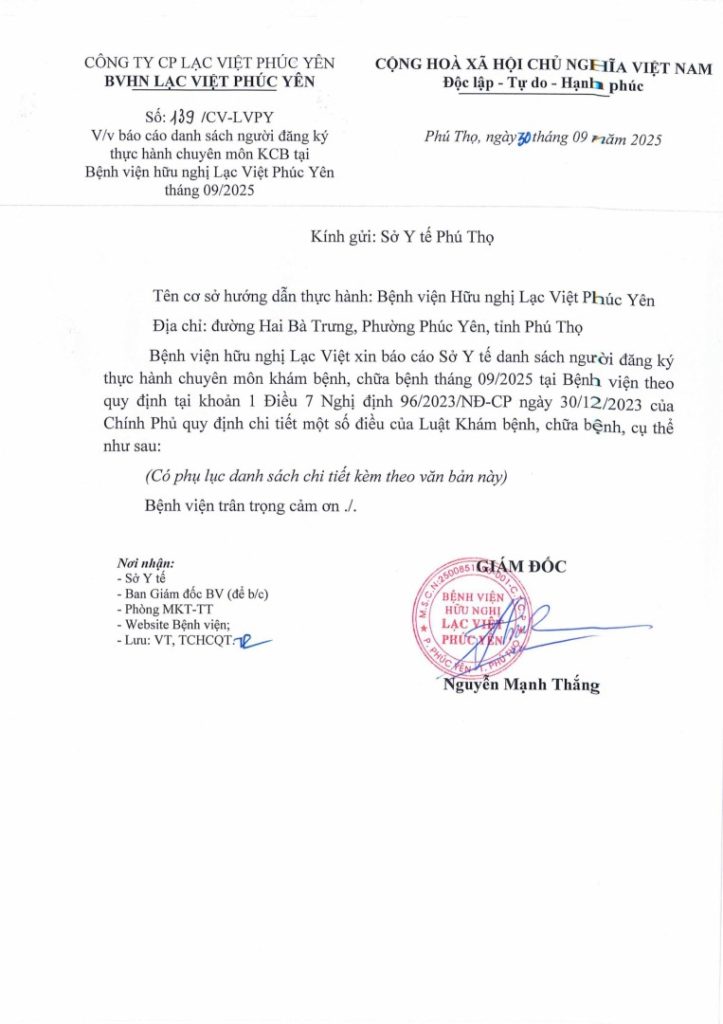 Danh sách thực hành Khám chữa bệnh tại Bệnh viện Hữu nghị Lạc Việt Phúc Yên