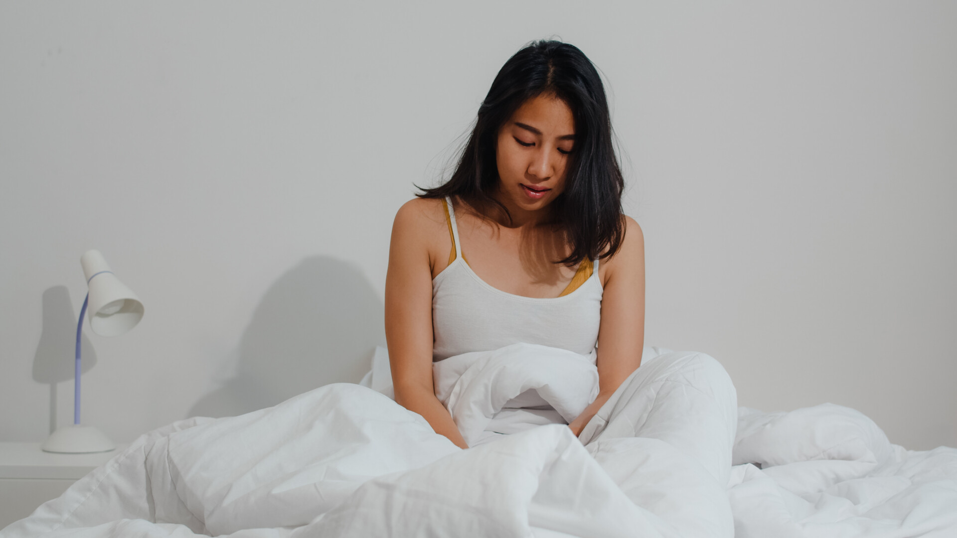 Asian Indian Lady Sleep In Room At Home. Young Asian Girl Feelin