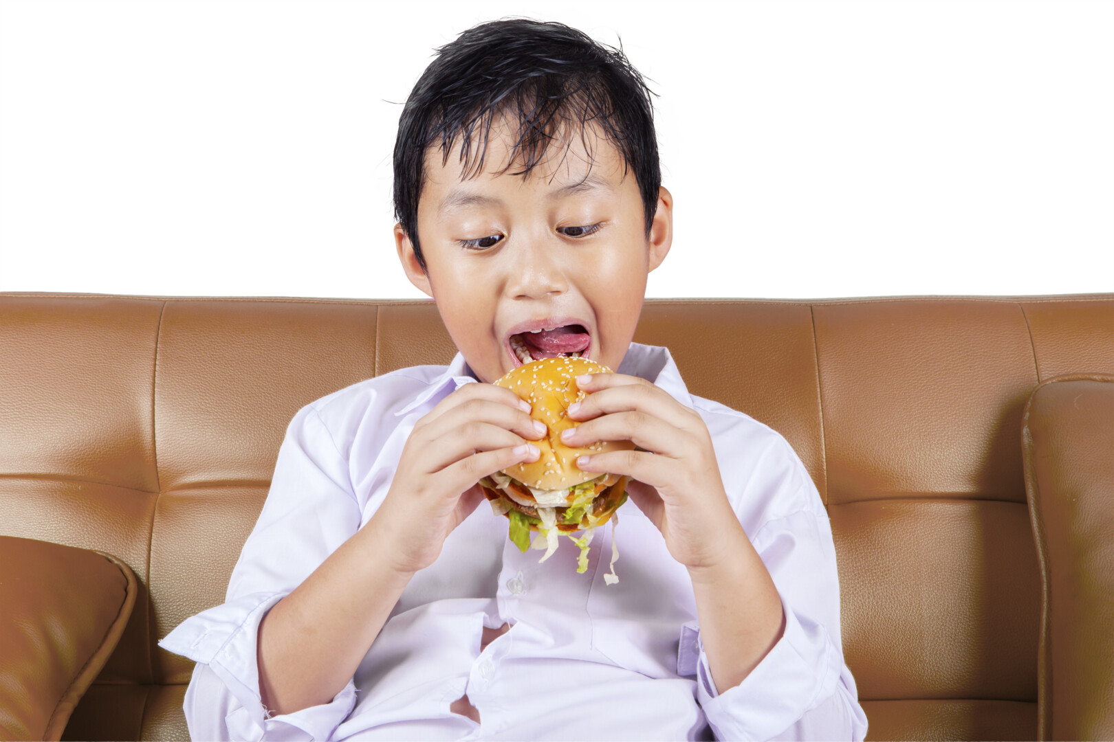 Portrait Of Boy Eating A Tasty Hamburger